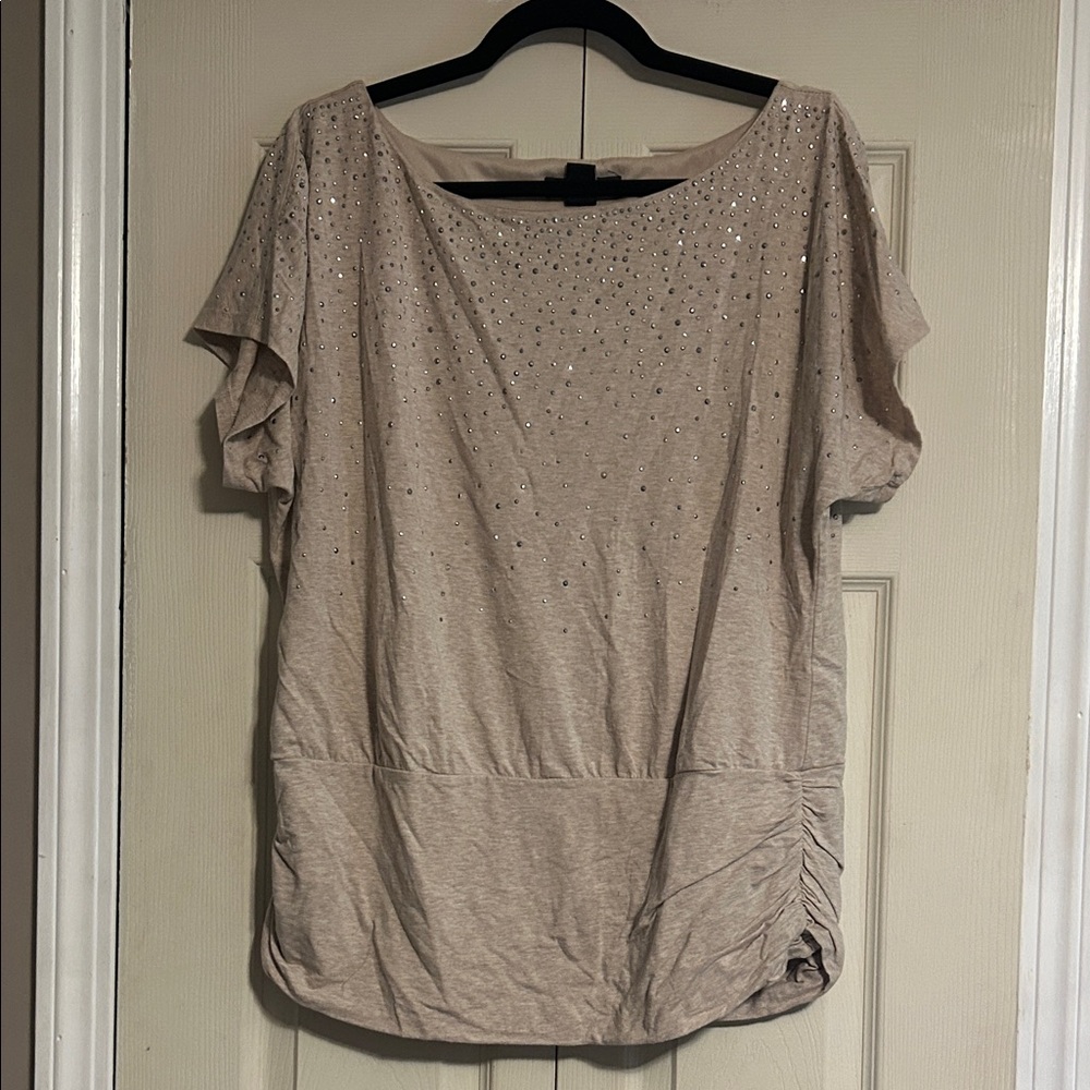 🔥White House Black Market Beige Short Sleeve Blouson Top with Rhinestones